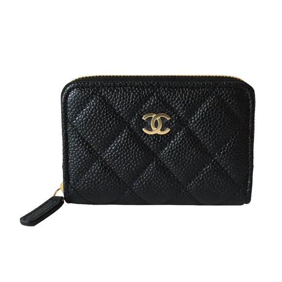 Chanel CC Caviar Quilted Zip Coin Purse Black Gold - Picture 1 of 3